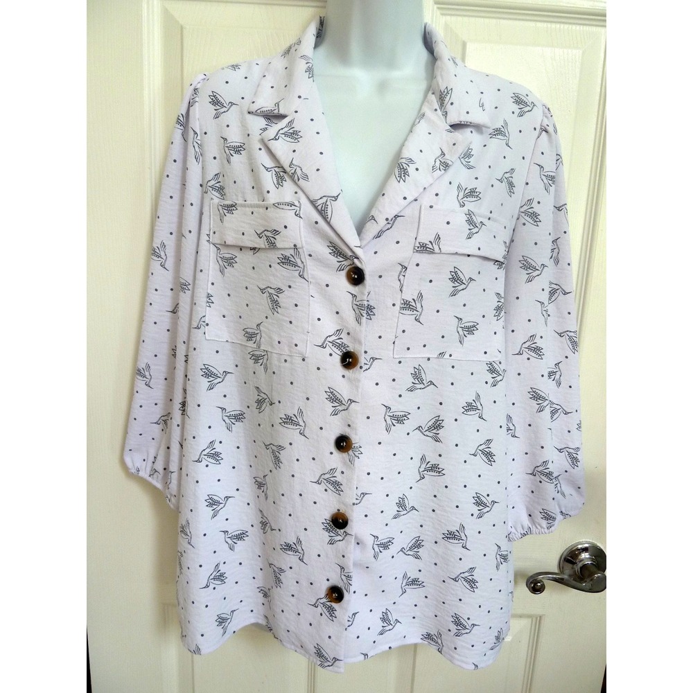 NYCC Women Medium Puff Sleeve Button Up Blouse White Gray Bird Print Pockets